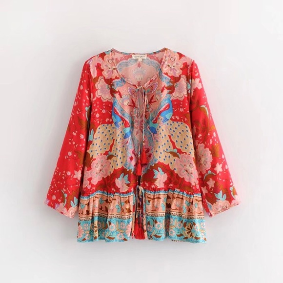 NWT Boho Lotus Floral Top Jacket Wrap Tassel Ties - Picture 3 of 7
